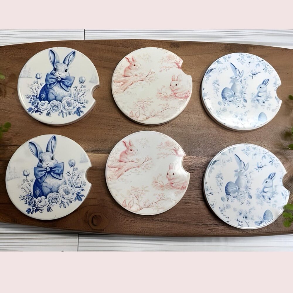 Vintage Style Bunny Ceramic Car Coasters – Easter Car Decor